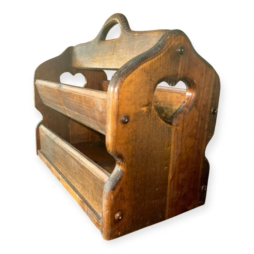 Country Style Wooden Magazine Rack with Handle, Heart Cutouts, 2 Compartments - Picture 1 of 8